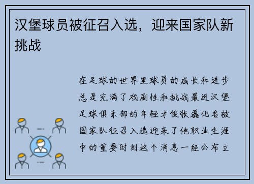 汉堡球员被征召入选，迎来国家队新挑战
