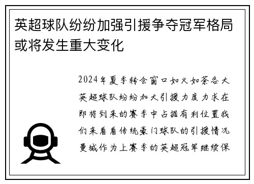 英超球队纷纷加强引援争夺冠军格局或将发生重大变化