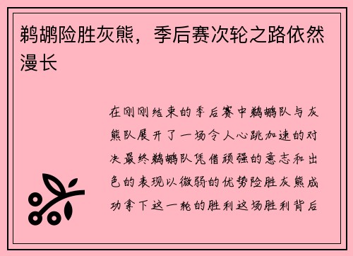 鹈鹕险胜灰熊，季后赛次轮之路依然漫长